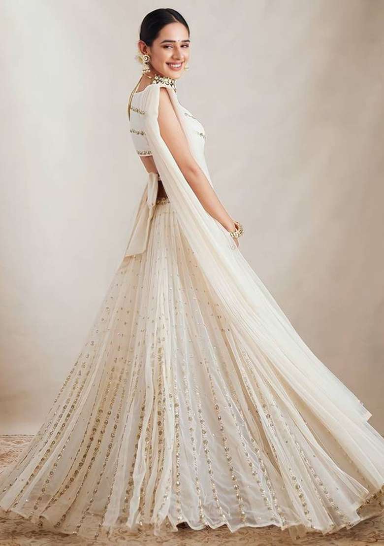 White Embroidery Georgette Lehenga Set for Diwali and Festive Wear - Indya