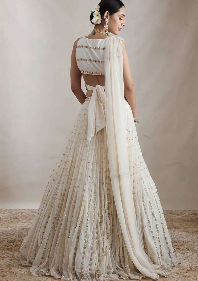 White Embroidery Georgette Lehenga Set for Diwali and Festive Wear - Indya
