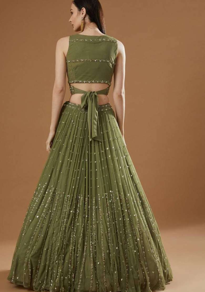 Green Embroidery Georgette Lehenga Set for Diwali and Festive Wear - Indya