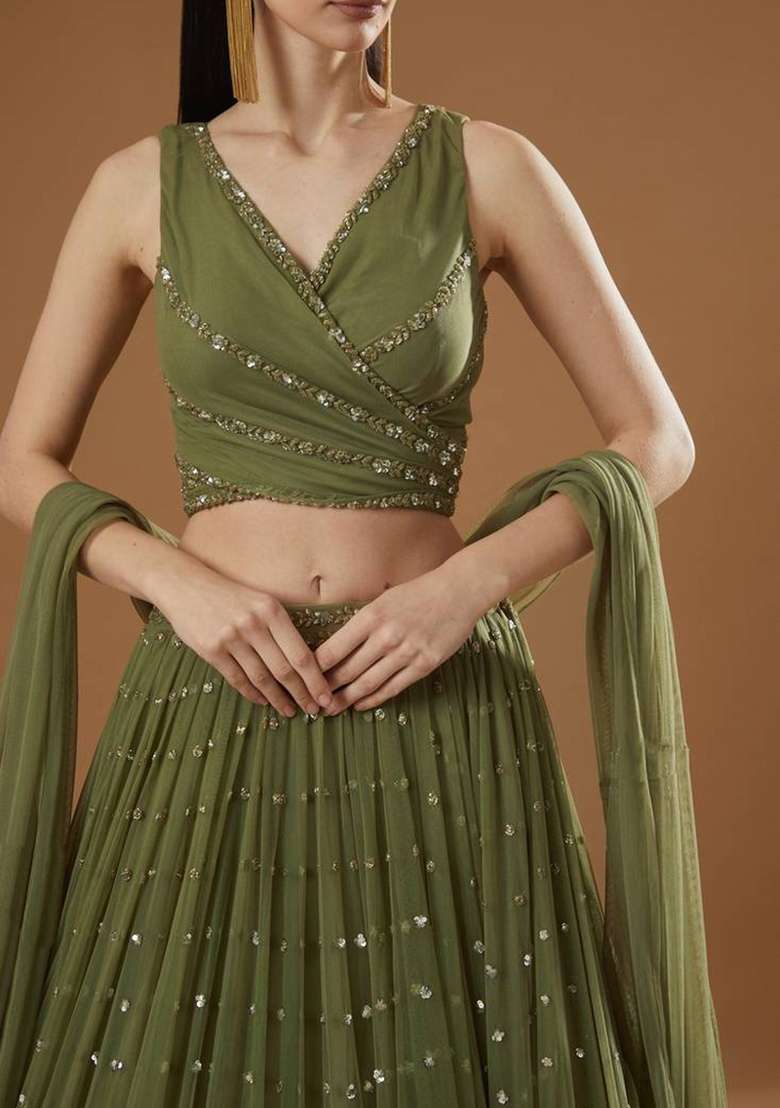 Green Embroidery Georgette Lehenga Set for Diwali and Festive Wear - Indya