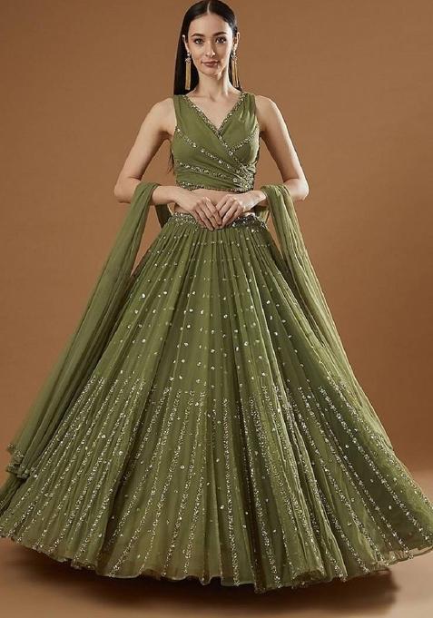 Green Embroidery Georgette Lehenga Set