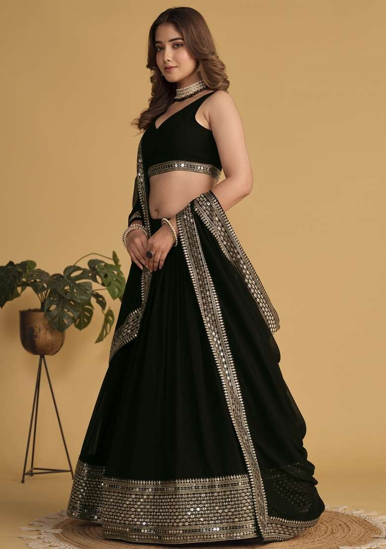 Black Sequence Work Georgette Lehenga Set for Diwali and Festive Wear - Indya