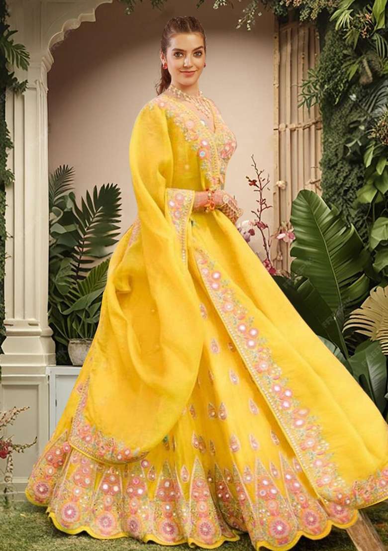 Yellow Embroidery Georgette Lehenga Set for Diwali and Festive Wear - Indya