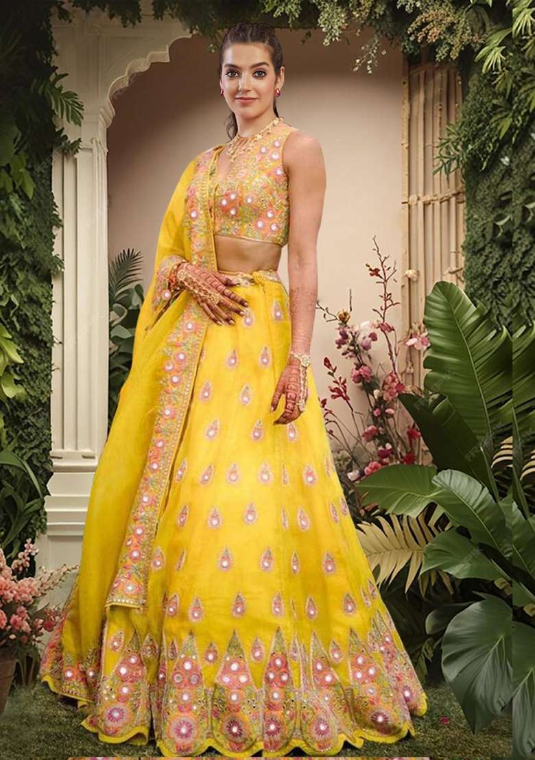 Yellow Embroidery Georgette Lehenga Set for Diwali and Festive Wear - Indya