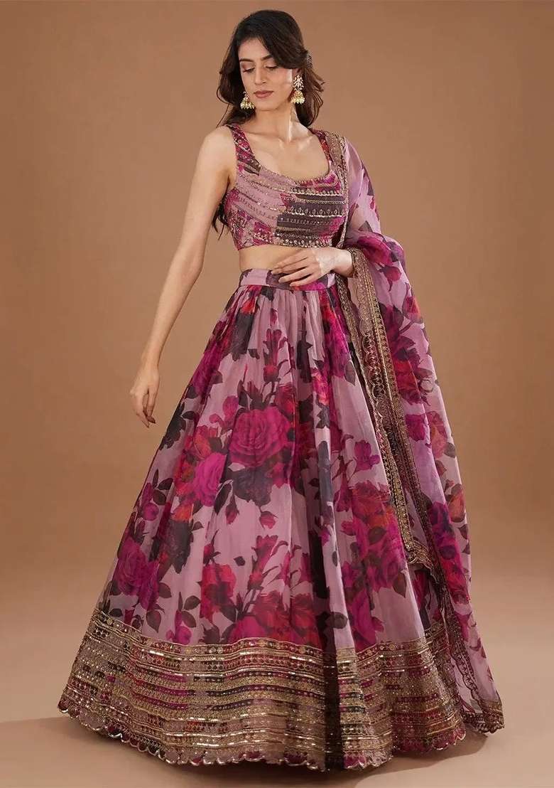 Pink Embroidery Organza Lehenga Set for Diwali and Festive Wear - Indya