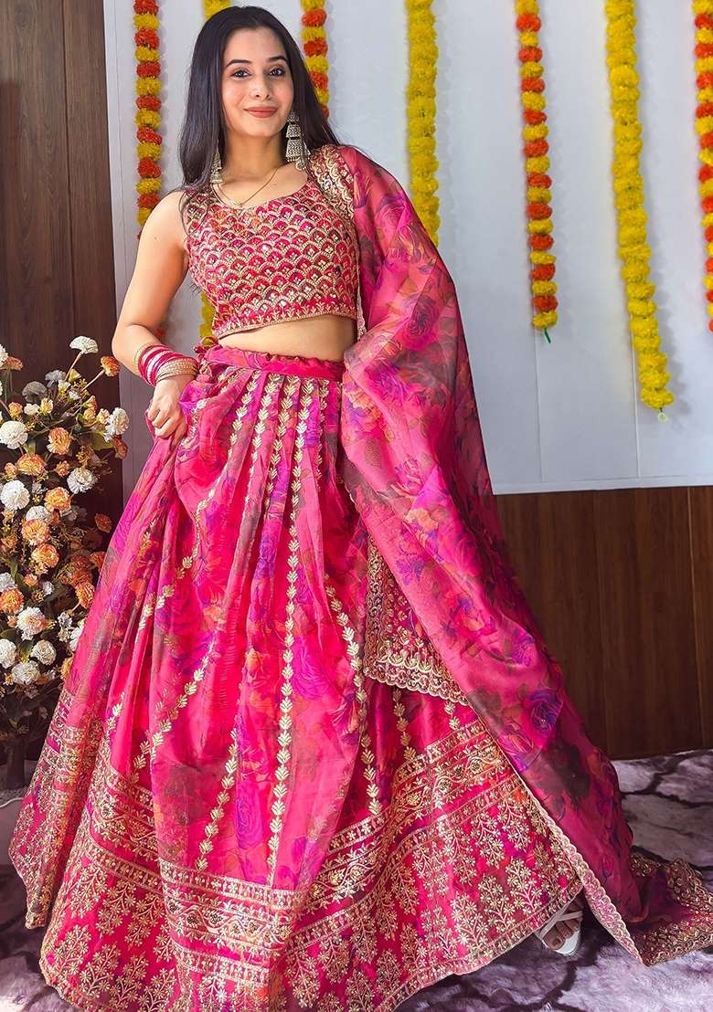 Pink Embroidery Organza Lehenga Set for Diwali and Festive Wear - Indya