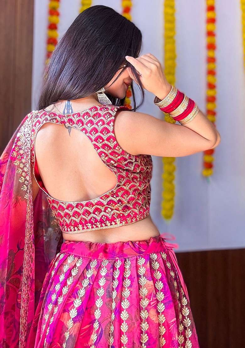 Pink Embroidery Organza Lehenga Set for Diwali and Festive Wear - Indya