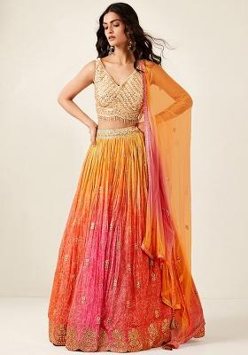 Orange Printed Organza Lehenga Set