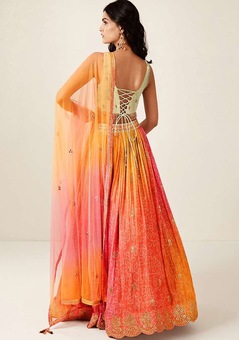 Orange Printed Organza Lehenga Set for Diwali and Festive Wear - Indya