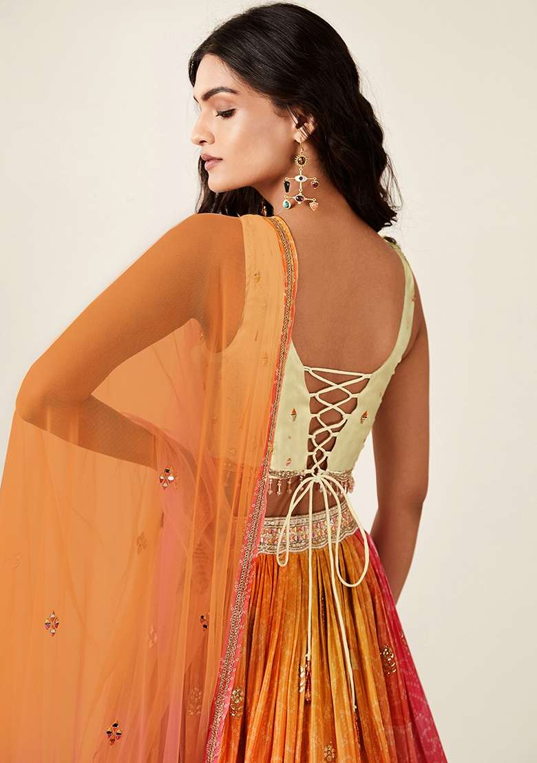 Orange Printed Organza Lehenga Set for Diwali and Festive Wear - Indya