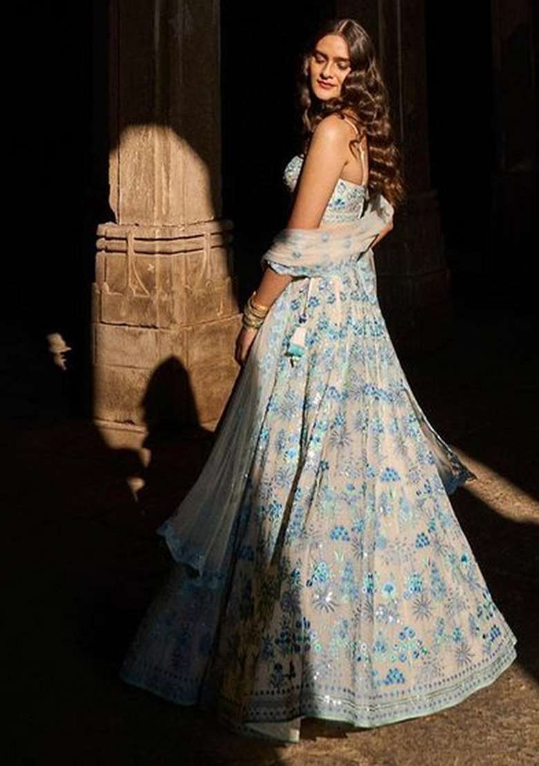 Sky Georgette Lehenga Set with Embroidery for Diwali | Wedding & Festive Wear - Indya