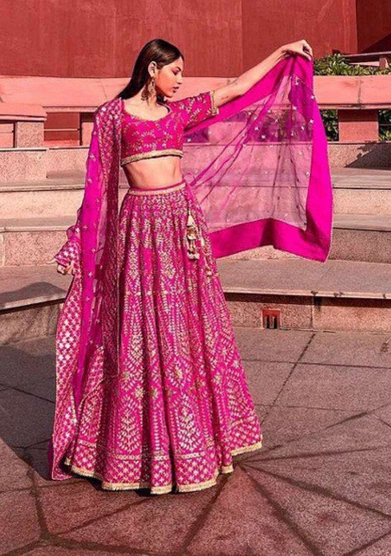 Magenta Embroidery Silk Lehenga Set - Indya
