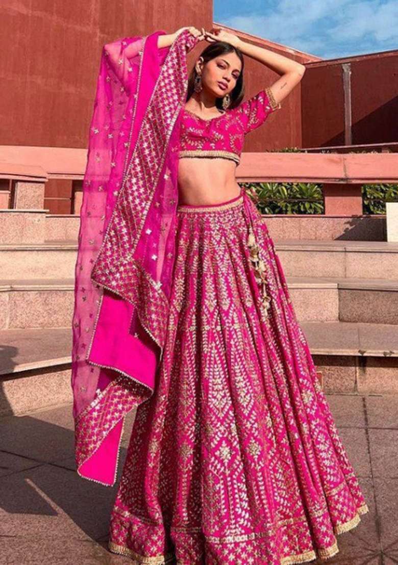 Magenta Embroidery Silk Lehenga Set - Indya