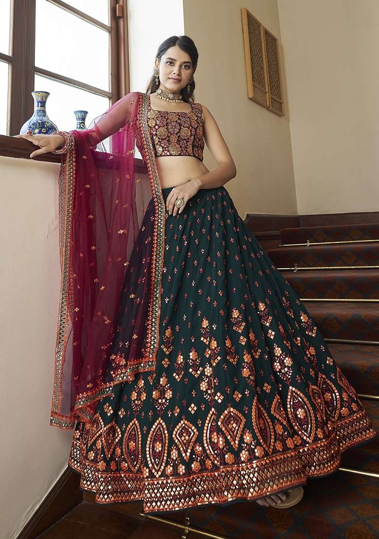 Dark Green Embroidery Georgette Lehenga Set for Diwali and Festive Wear - Indya