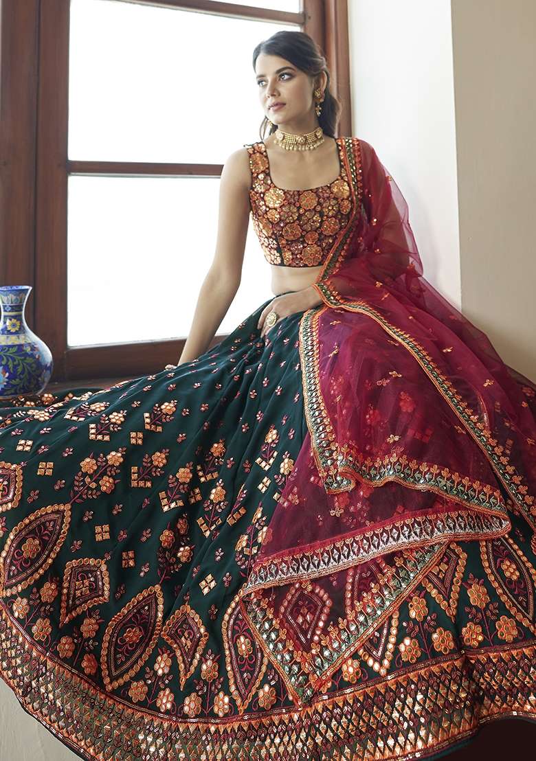 Dark Green Embroidery Georgette Lehenga Set for Diwali and Festive Wear - Indya