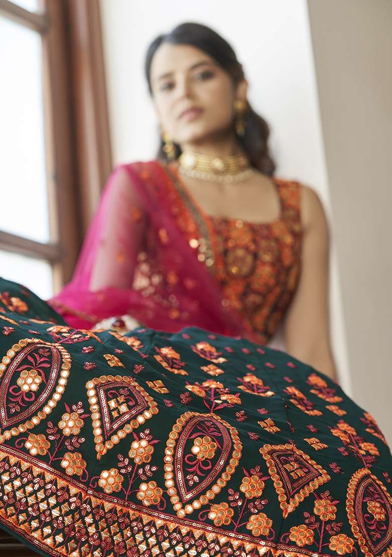 Dark Green Embroidery Georgette Lehenga Set for Diwali and Festive Wear - Indya