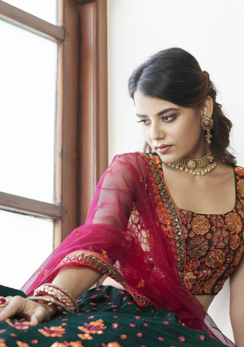 Dark Green Embroidery Georgette Lehenga Set for Diwali and Festive Wear - Indya