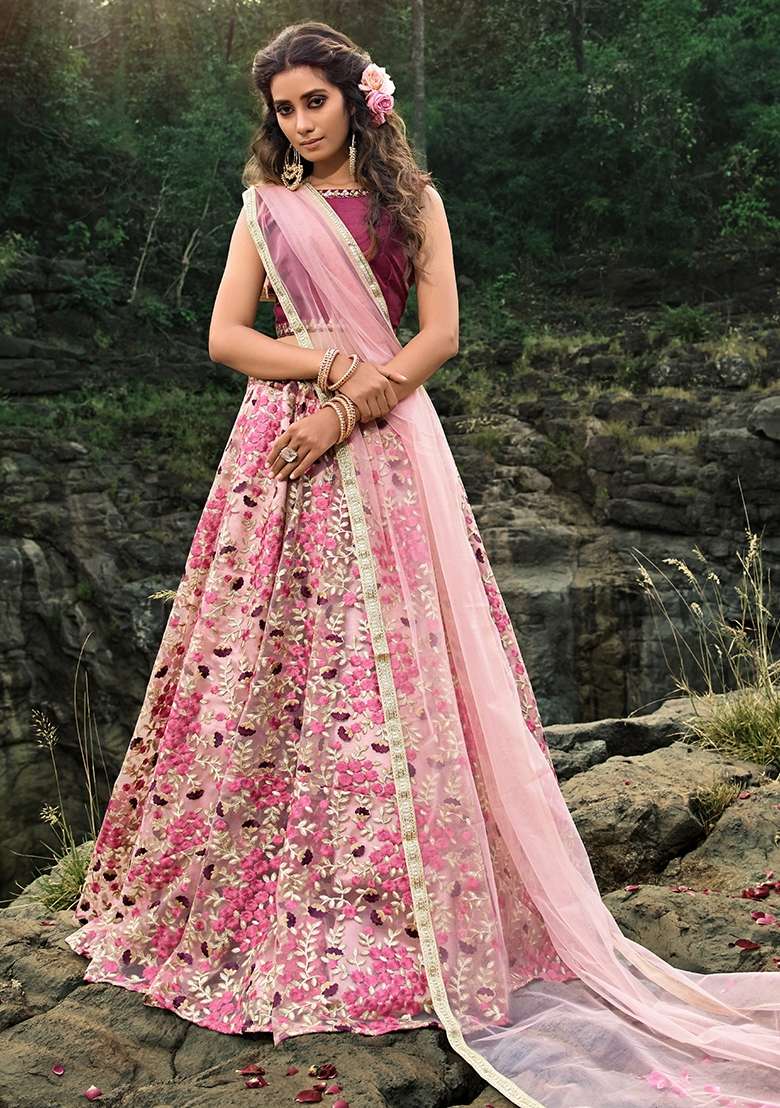 Peach Net Lehenga Set with Embroidery for Diwali | Wedding & Festive Wear - Indya