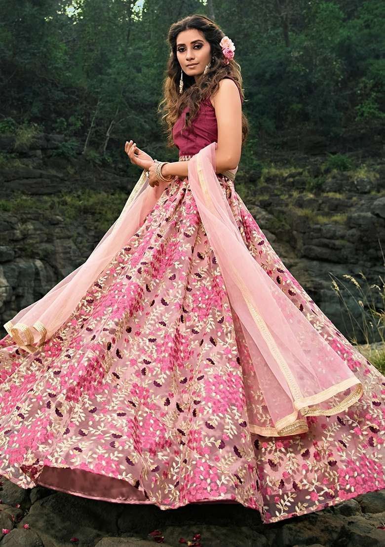 Peach Net Lehenga Set with Embroidery for Diwali | Wedding & Festive Wear - Indya