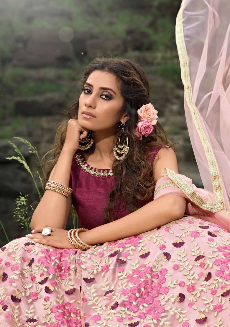 Peach Net Lehenga Set with Embroidery for Diwali | Wedding & Festive Wear - Indya
