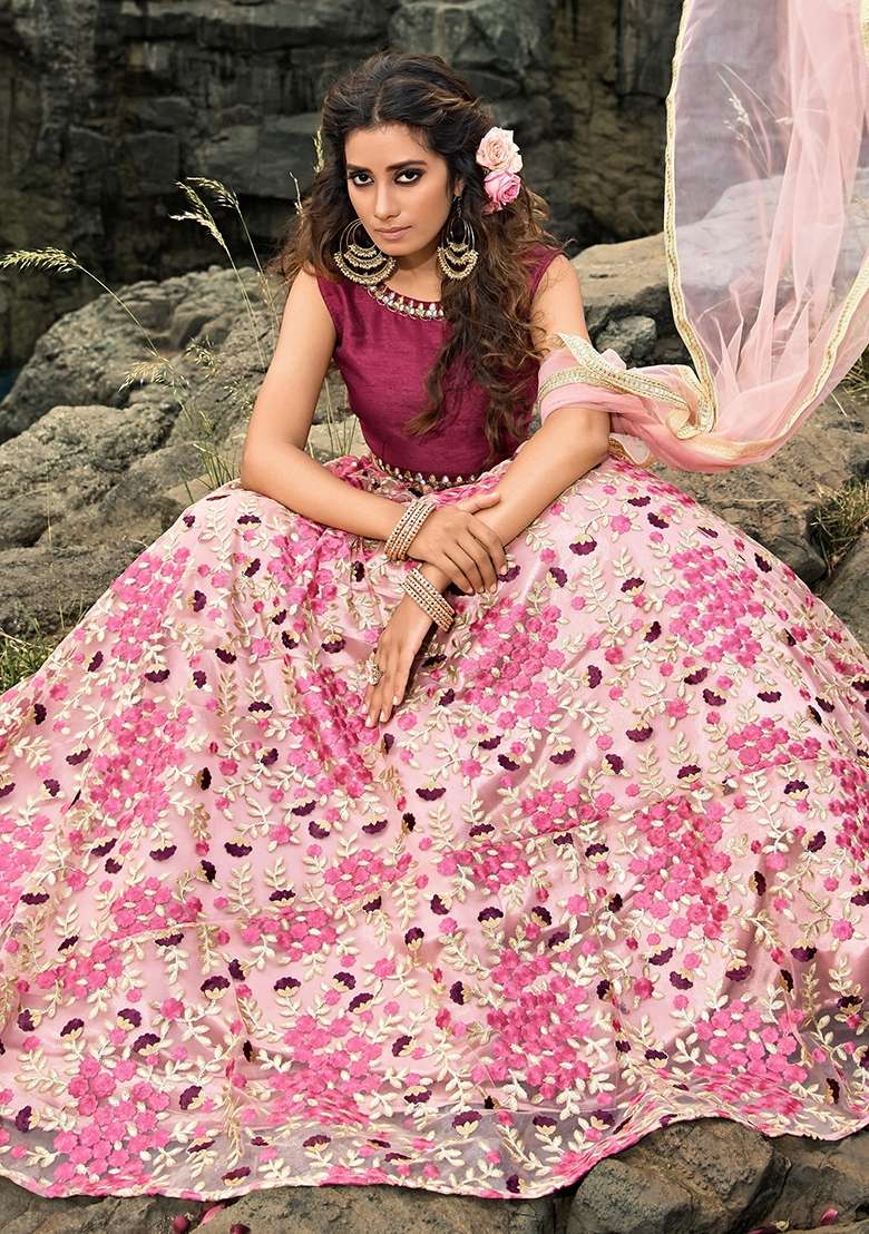 Peach Net Lehenga Set with Embroidery for Diwali | Wedding & Festive Wear - Indya