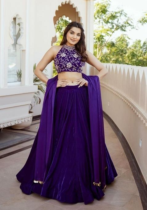 Purple Plain Velvet Lehenga Set