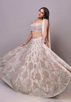 Cream Embroidery Georgette Lehenga Set