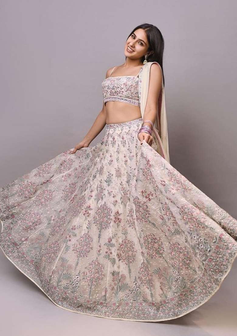 Cream Georgette Lehenga Set with Embroidery for Diwali | Wedding & Festive Wear - Indya