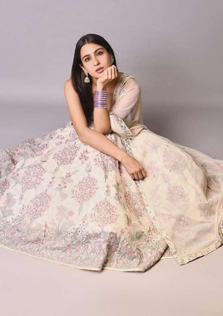 Cream Georgette Lehenga Set with Embroidery for Diwali | Wedding & Festive Wear - Indya