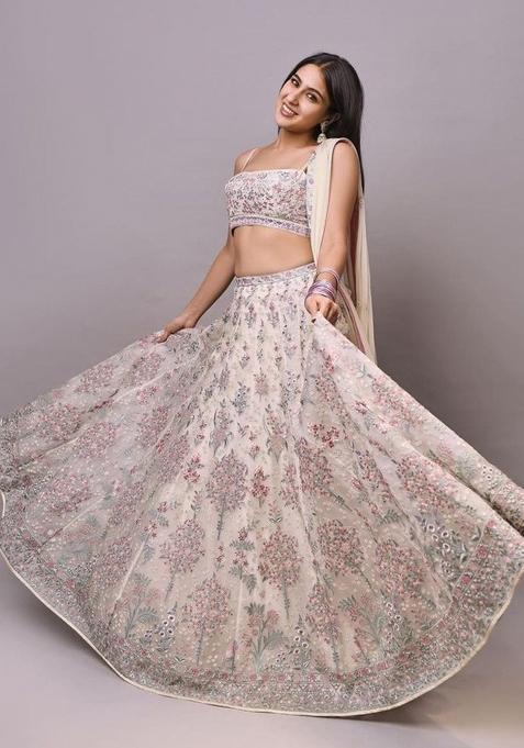 Cream Embroidery Georgette Lehenga Set