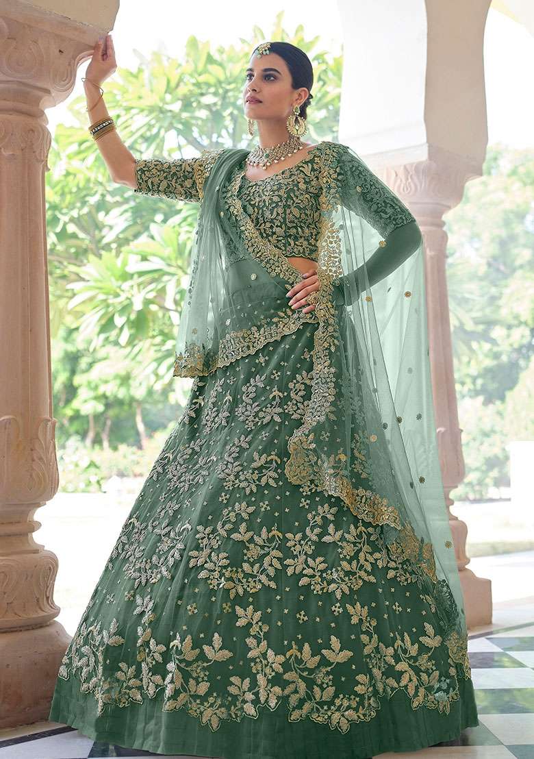 Light Green Net Lehenga Set with Zari Work for Diwali | Wedding & Festive Wear - Indya