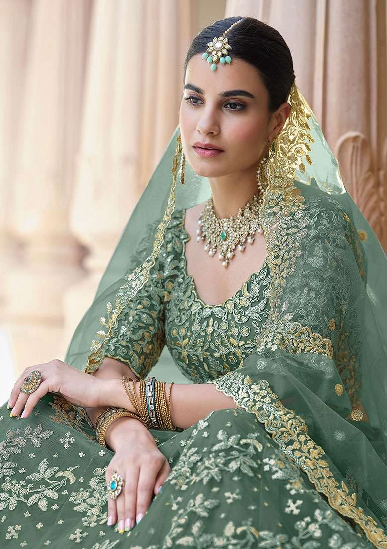 Light Green Net Lehenga Set with Zari Work for Diwali | Wedding & Festive Wear - Indya