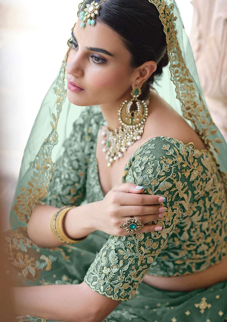 Light Green Net Lehenga Set with Zari Work for Diwali | Wedding & Festive Wear - Indya