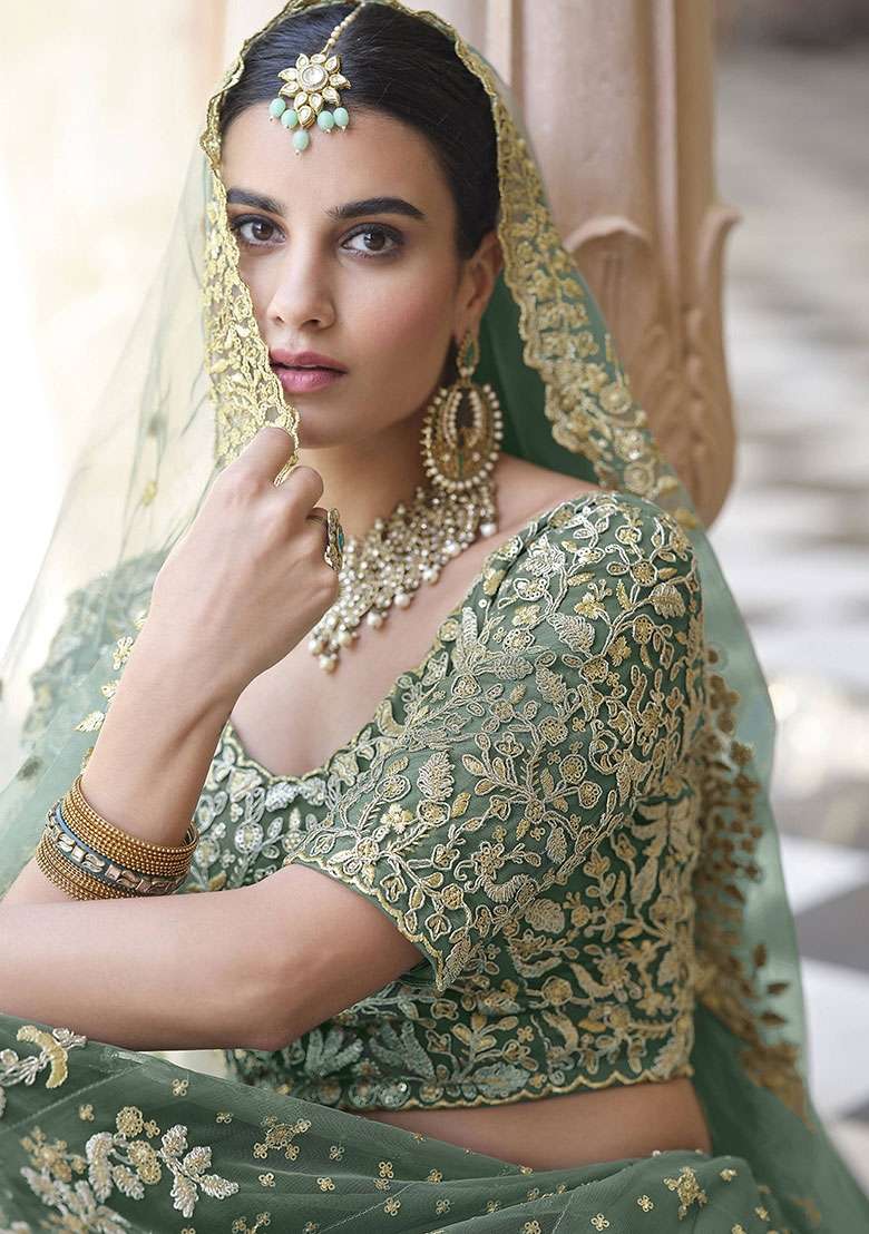 Light Green Net Lehenga Set with Zari Work for Diwali | Wedding & Festive Wear - Indya