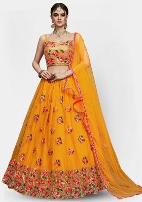 Yellow Embroidery Net Lehenga Set