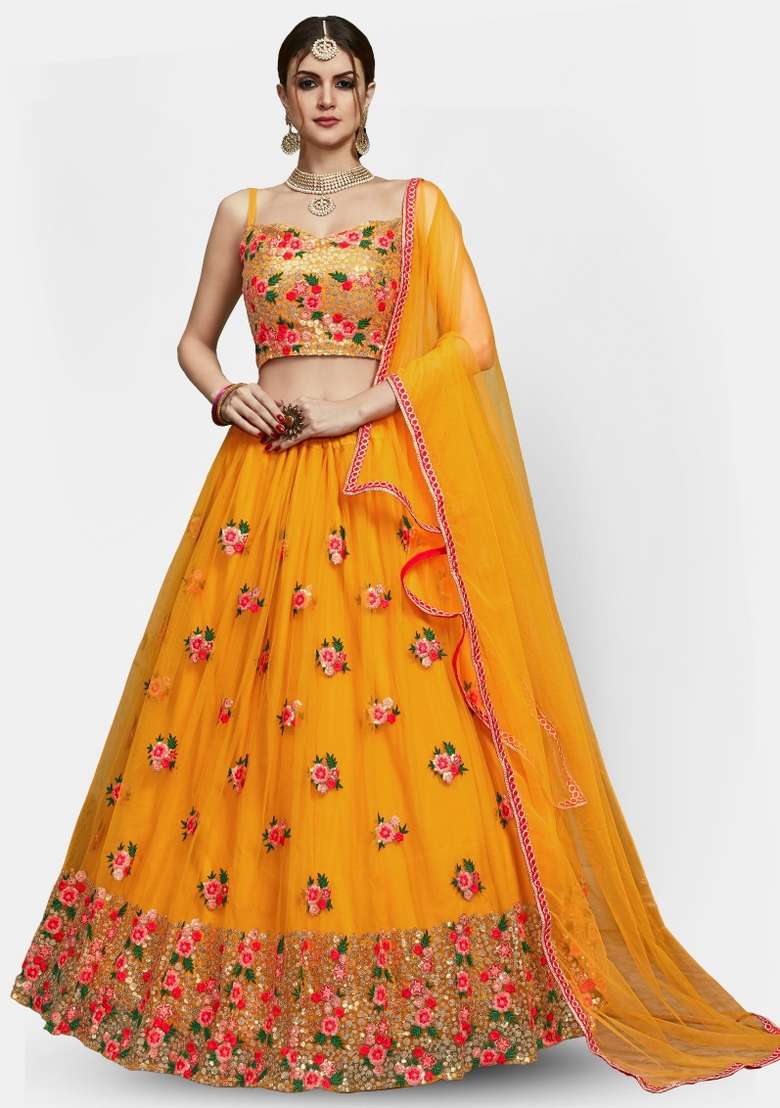 Yellow Embroidery Net Lehenga Set for Diwali and Festive Wear - Indya