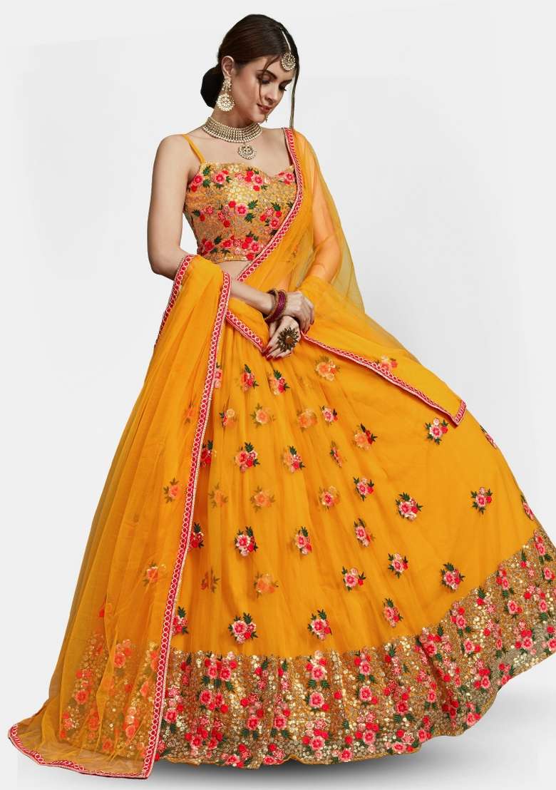 Yellow Embroidery Net Lehenga Set for Diwali and Festive Wear - Indya