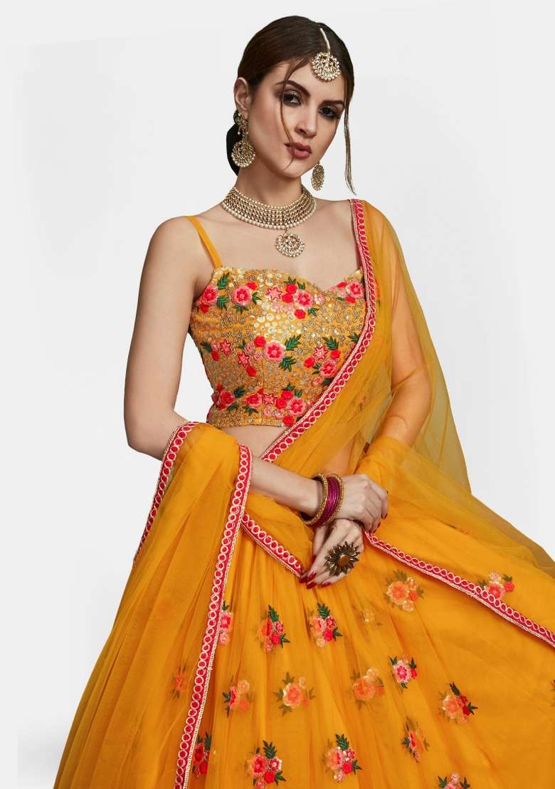Yellow Embroidery Net Lehenga Set for Diwali and Festive Wear - Indya