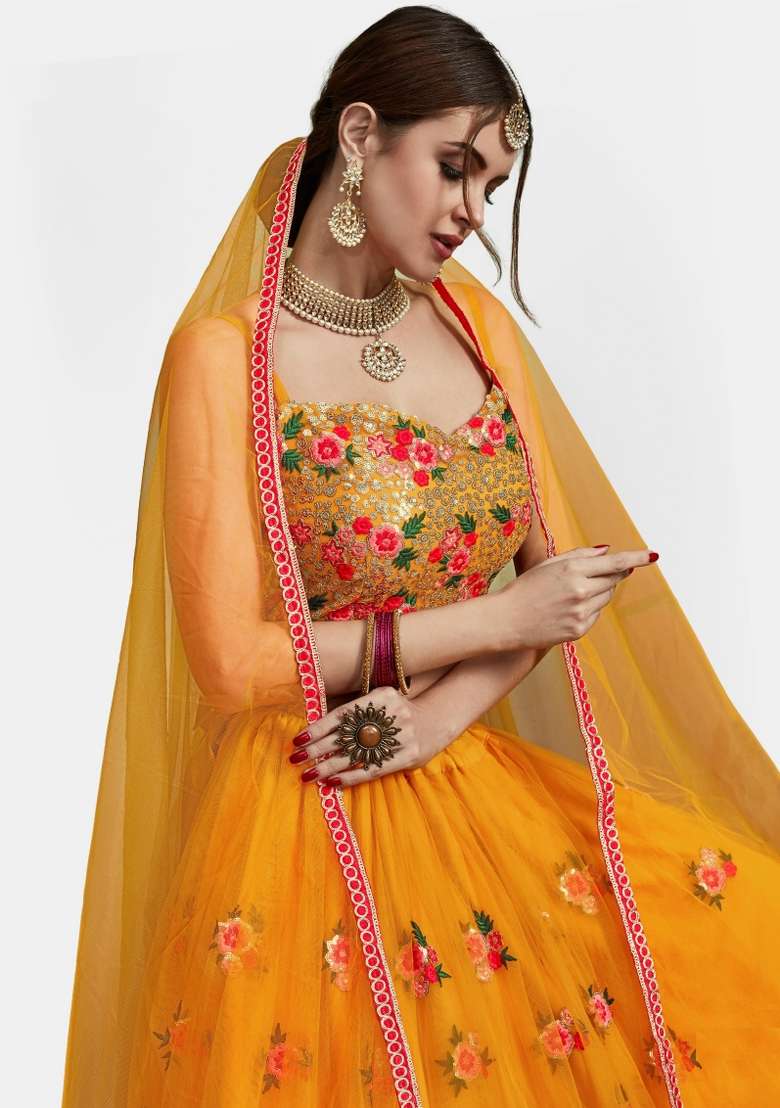 Yellow Embroidery Net Lehenga Set for Diwali and Festive Wear - Indya