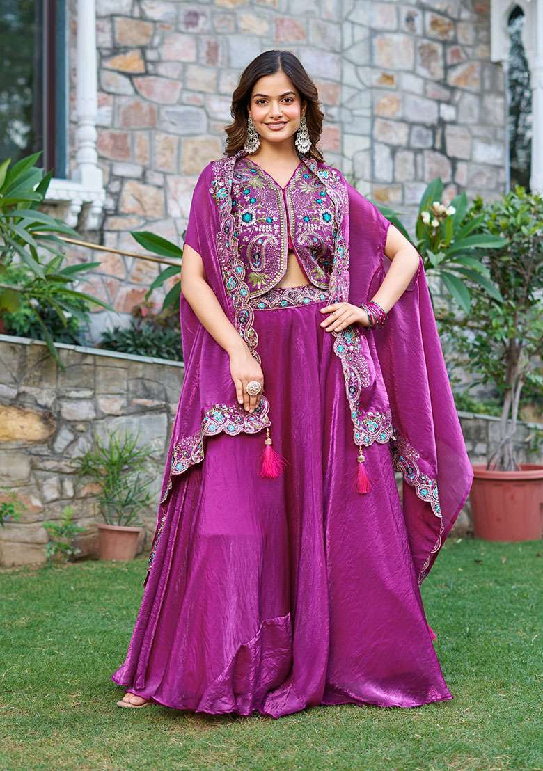 Magenta Plain Silk Lehenga - Indya