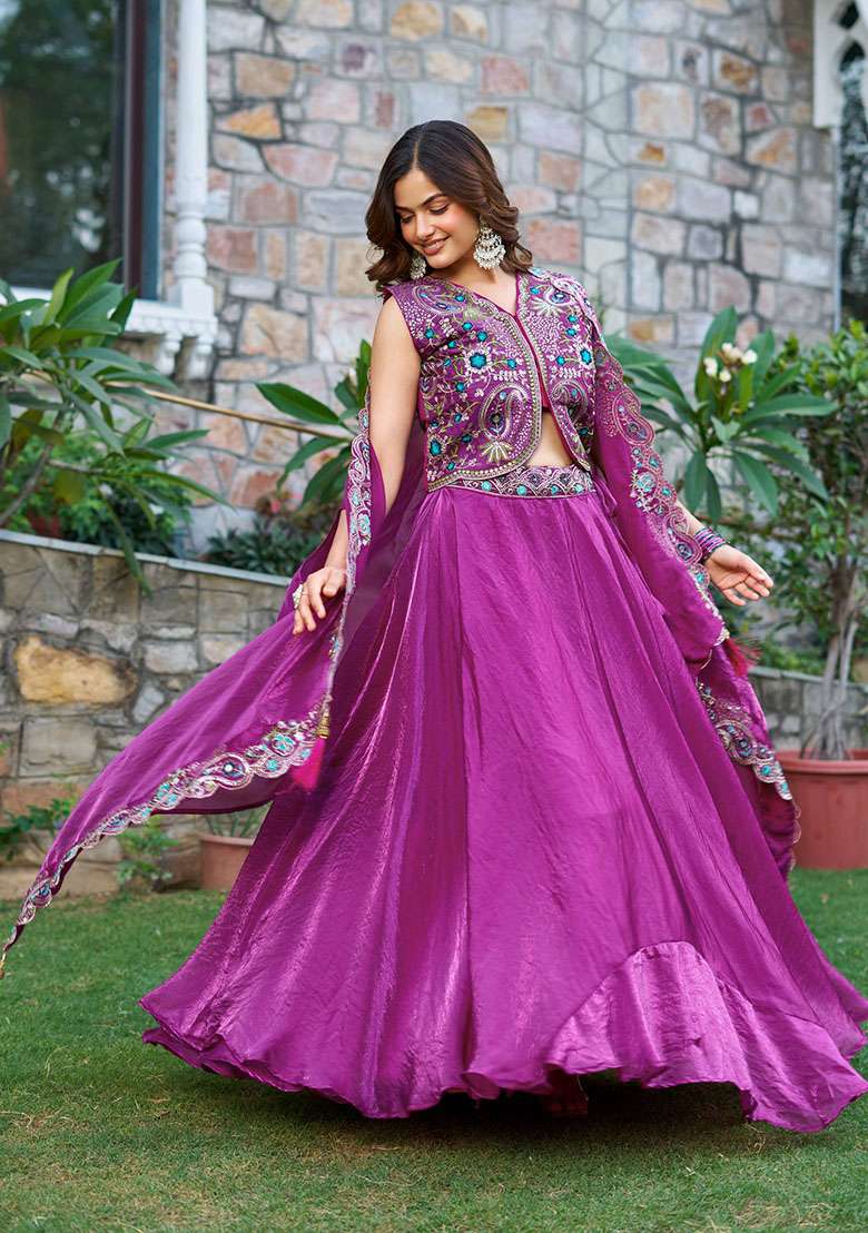 Magenta Plain Silk Lehenga - Indya