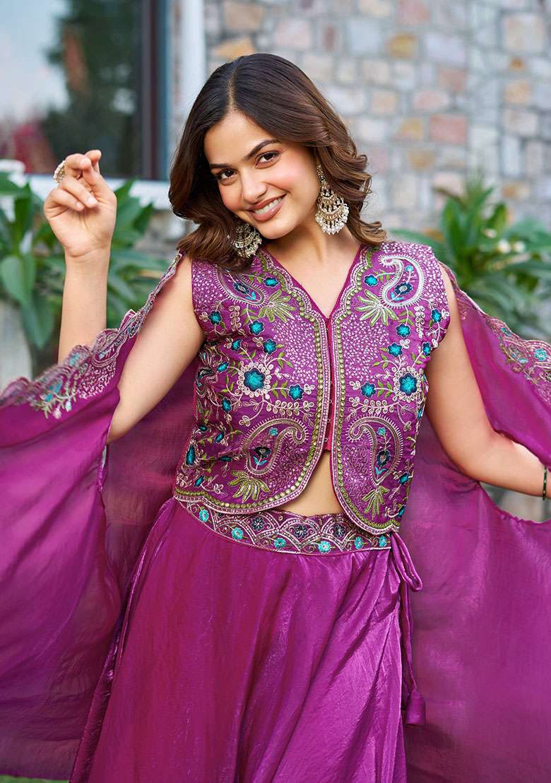 Magenta Plain Silk Lehenga - Indya