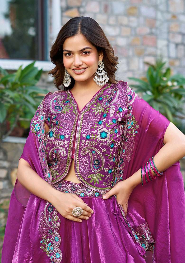 Magenta Plain Silk Lehenga - Indya