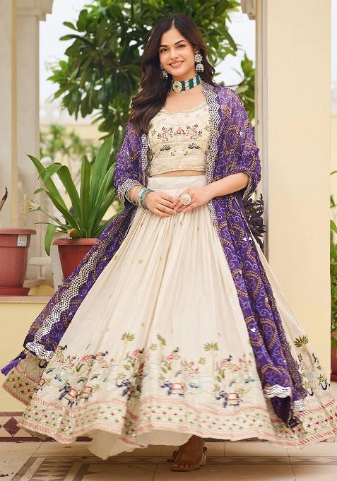 Off White Embroidery Silk Lehenga
