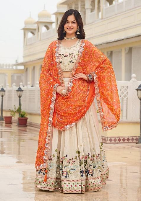 Off White Embroidery Silk Lehenga