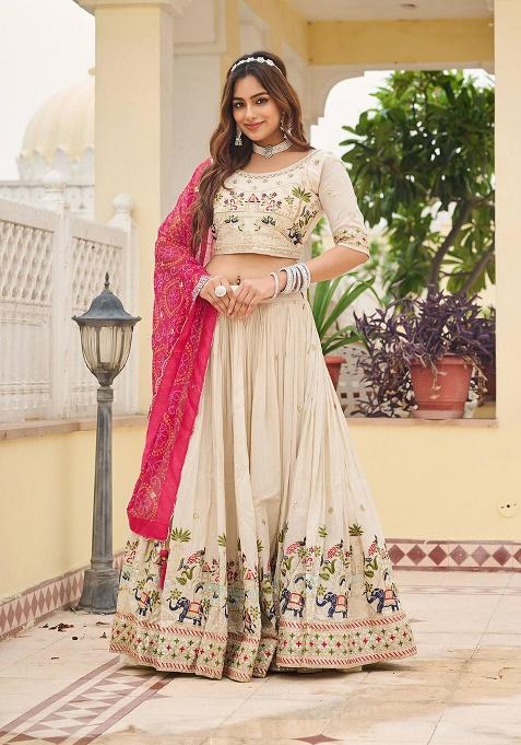 Off White Embroidery Silk Lehenga