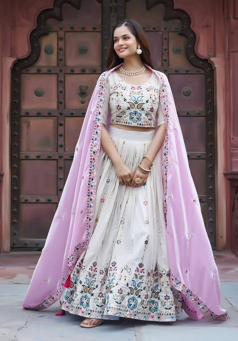 Off White Embroidery Silk Lehenga