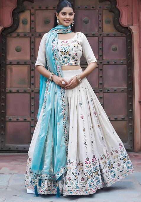 Off White Embroidery Silk Lehenga