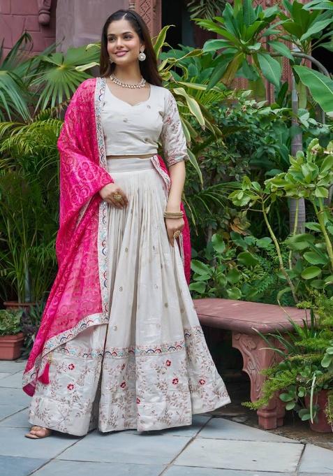 Off White Embroidery Silk Lehenga