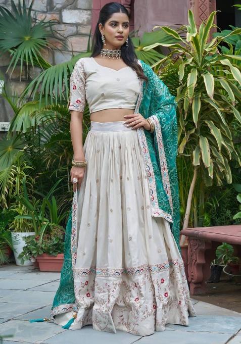Off White Embroidery Silk Lehenga